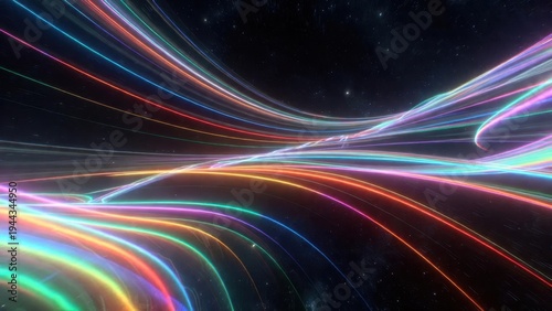 Neon light ribbons flowing through cosmic starfield void