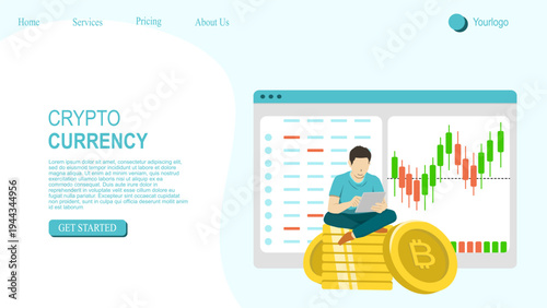 Vector landing page or banner template with Cryptocurrency Trading Platform illustration