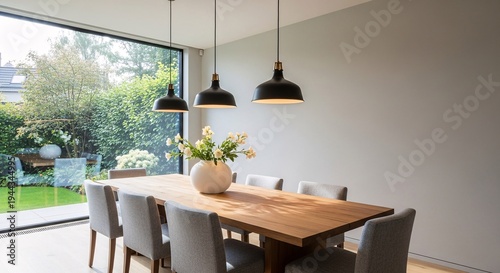 Elegant modern dining room featuring a sleek wooden table, comfortable chairs, and stylish pendant lighting, with a large glass window offering a serene view of a lush green garden outside
