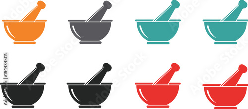 Vector illustration of colorful mortar and pestle icons for pharmacy, medicine, culinary, and herbal artwork