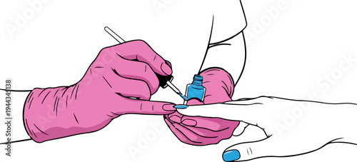 Artist applies bright blue nail polish to client's nails, hands clasped