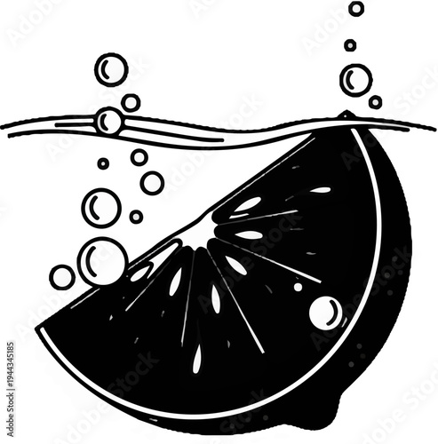 Black and white illustration of a juicy citrus slice with rising bubbles