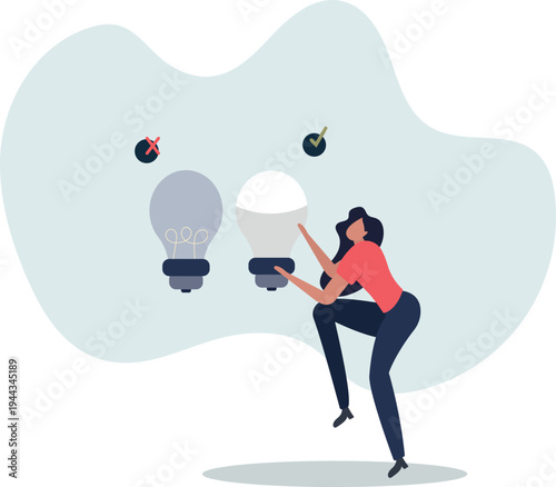 Green Habits . Character Saves Energy Using Led Bulb, Efficient And Sustainable Solution.person's life situation and his activities.