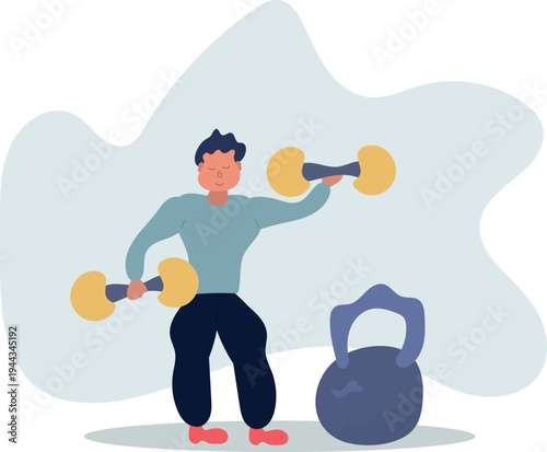 man doing a workout with dumbbells while a kettlebell lies on the floor nearby. Concept of strength training, fitness, gym workout and healthy lifestyle.