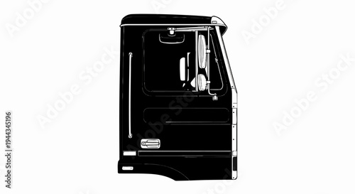 Black outline illustration of a modern truck cab side door with mirror