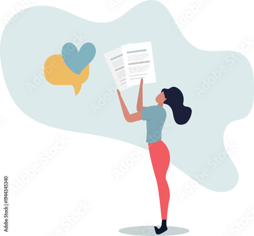 Positive affirmations as love letter from romantic affair.Happy woman with optimistic message and uplifting relationship.person's life situation and his activities.