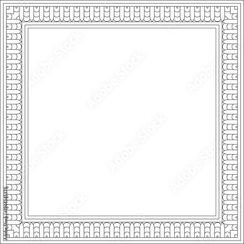 Vector black contour square Egyptian ornament. Rectangle, frame, ancient Egypt.Pattern of lotus flowers and sun