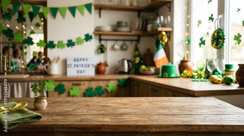 St. Patrick's Day Kitchen Party Decorations With Shamrocks, Irish Flag and Green Table Setting