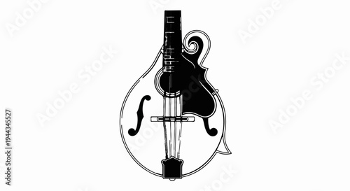 Black and white illustration of a mandolin with a scroll headstock