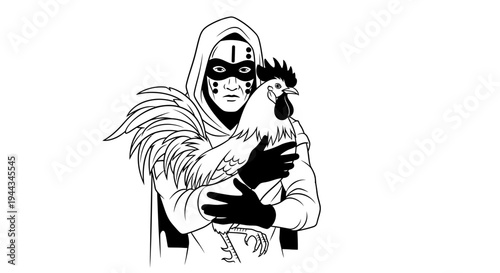 Mysterious hooded figure in mask holding a rooster, black and white illustration