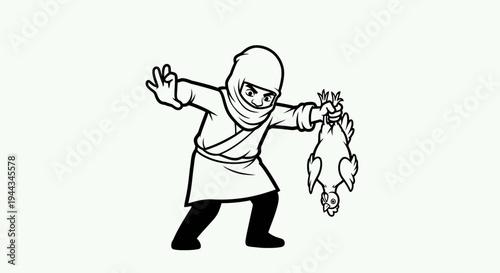 Ninja holding a dead chicken, cartoon illustration