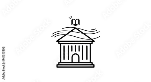 Open Book on Building Roof with Wavy Lines Symbolizing Knowledge and Education