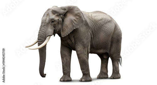 A large gray elephant with tusks stands on a white background in a studio setting