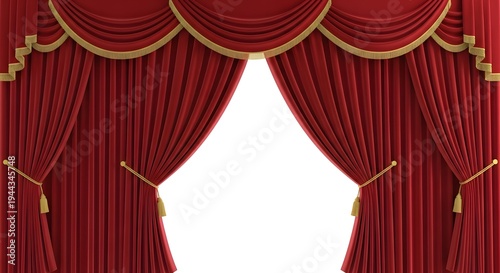 A pair of luxurious red curtains with gold trim on a white background