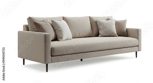 A modern beige sofa with pillows on a white background in a living room