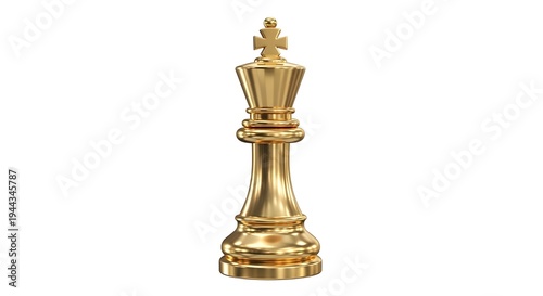 A shiny gold chess king piece stands alone on a plain white background