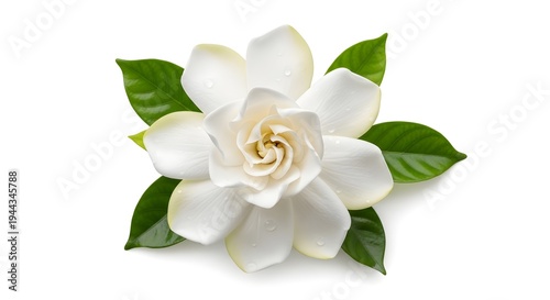 A beautiful white gardenia flower with green leaves on a plain background