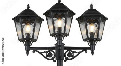 A black outdoor lamp post with three glass lanterns and decorative metalwork