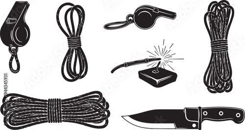 Collection of outdoor and survival tools and equipment set