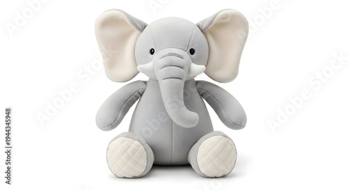 A cute gray stuffed elephant toy sitting on a white background