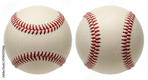 Two white baseballs with red stitching on a plain white background for sports