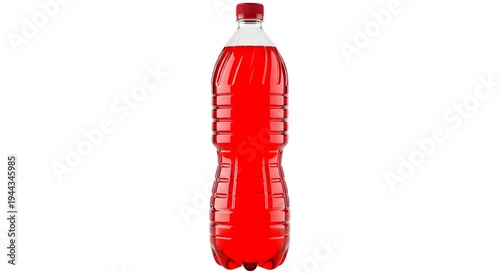 A red plastic soda bottle standing upright on a white background