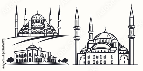 Intricate illustrations of historic mosques with domes and minarets