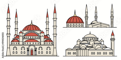 Detailed illustration of three iconic mosques with minarets and domes