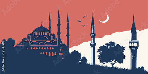 Silhouette of the blue mosque and minarets against a sunset sky with a crescent moon
