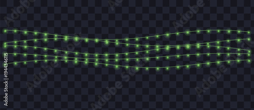 Three wavy horizontal lines of vibrant green glowing string lights illuminate a dark