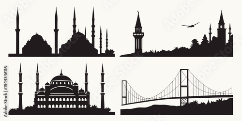 Iconic landmarks and structures from around the world in silhouette form