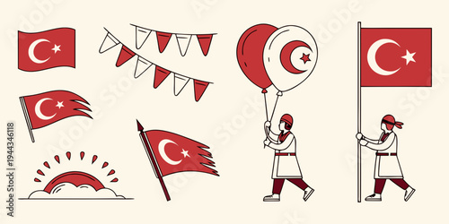 A collection of turkish flags and festive decorations celebrating a national holiday.