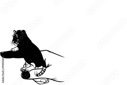 Black panther cub perched on a branch with its paw extended