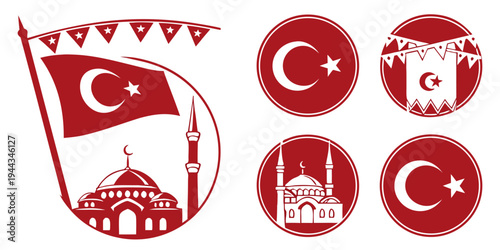 Collection of turkish symbols including a flag, mosque, and various emblems.