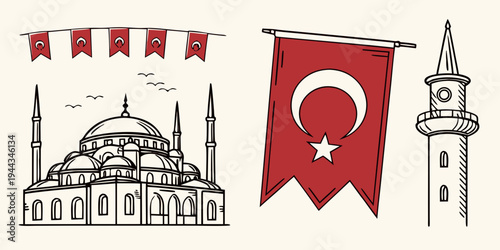A detailed illustration of a mosque with a turkish flag and minaret