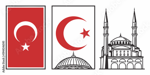 Turkish flag, crescent star, and mosque illustration showcasing islamic architecture