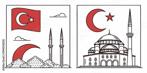 Illustration of turkish landmarks including mosques and a flag on a white background