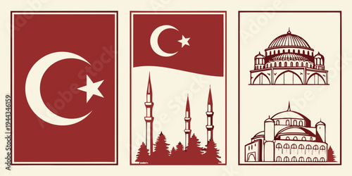 Illustration of the turkish flag, a mosque, and a minaret set against a white background