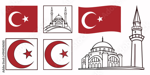 Collection of turkish flags and islamic architecture illustrations