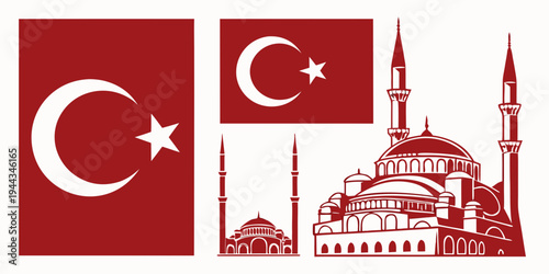 A detailed illustration of the blue mosque in istanbul, turkey with flags