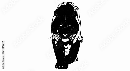 Black panther with intense gaze walks forward, black and white illustration