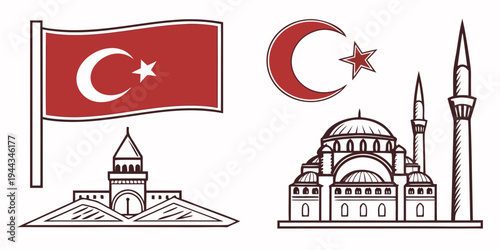 Turkish flag with mosque and minarets illustration