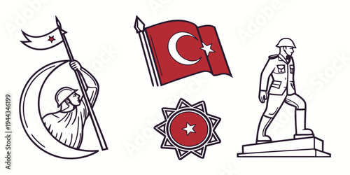 A collection of symbols and monuments representing turkey including a flag, a statue, and a crescent.