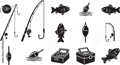 Fishing icons and equipment on a white background illustration