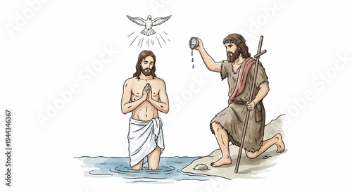 Artistic depiction of a baptism scene with a dove, figures in water and on shore