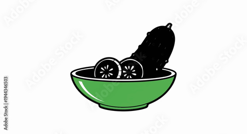 Black pickle and slices in green bowl, minimalist cartoon style