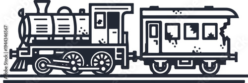 An old-fashioned train with a damaged carriage is depicted