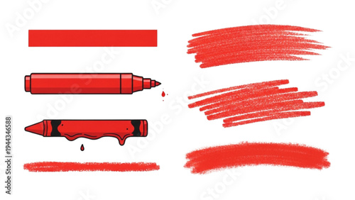 A graphic illustration of red crayons and paint strokes on paper