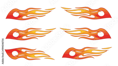 Vibrant orange and red flame decals decorate a surface with dynamic movement.