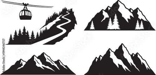 Mountain landscape with cable car and pine trees silhouette